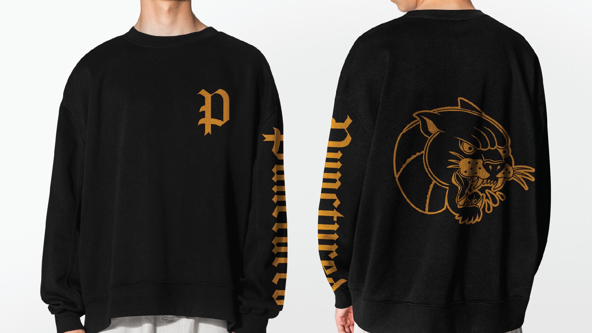 Black Sweatshirt with a yellow panther head on the back, 'P' on the chest, and 'Punctured' Down the left arm
