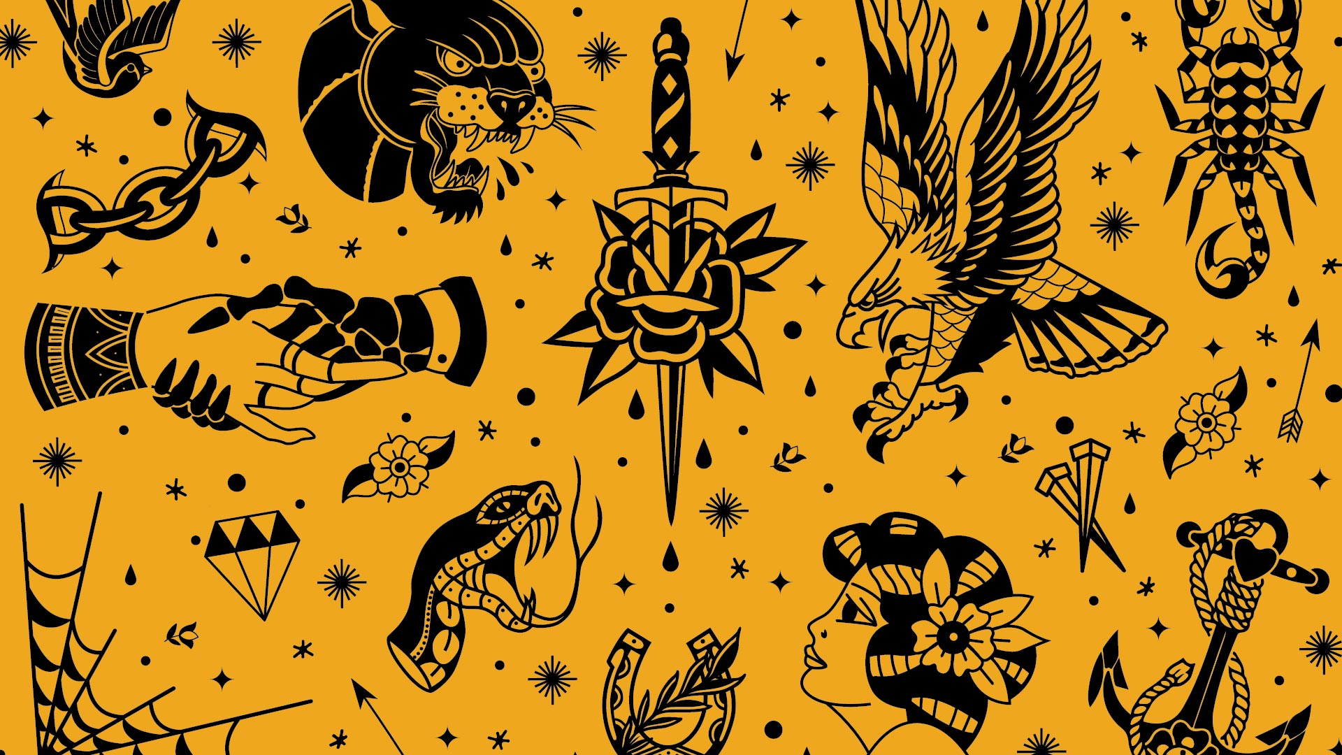 Illustrated flash tattoo sheet for Punctured